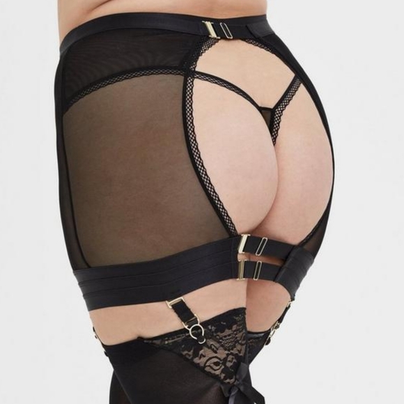 PLUS Garter Skirt & Bralette in Mesh, Hooks, Satin (2-Piece Set) - Picture 4 of 16